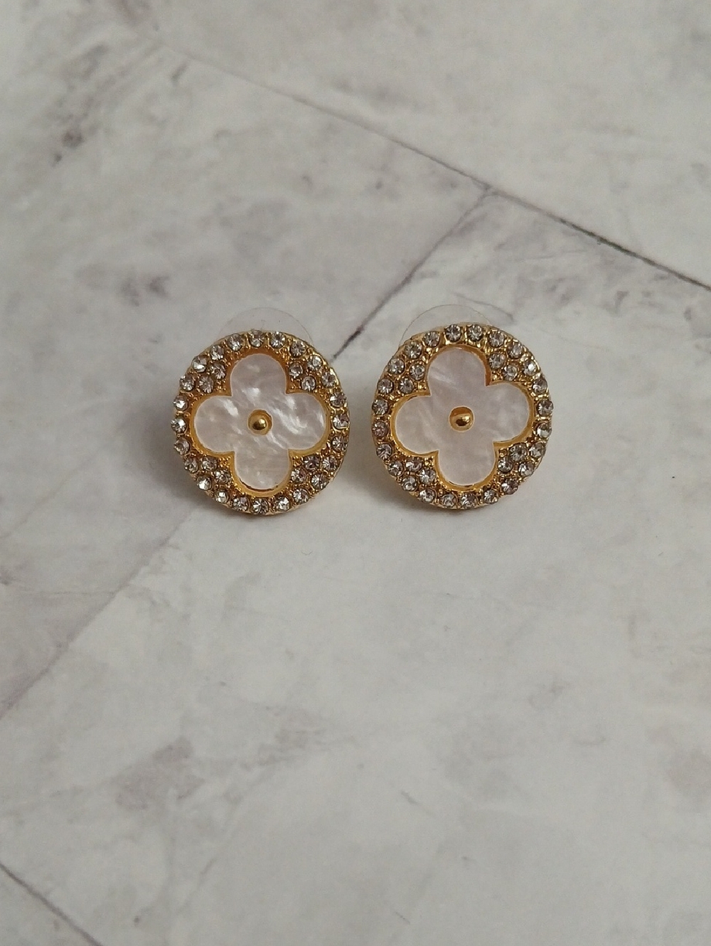 Gold & White CZ Mother-of-Pearl Clover Floral Stud Earrings